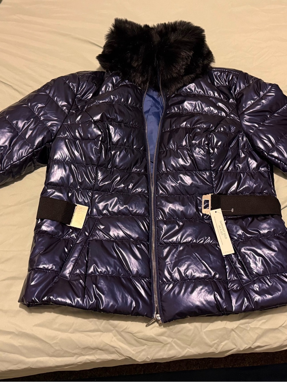 VENUS Shiny Navy Quilted Puffer Jacket with Black Faux Fur Collar